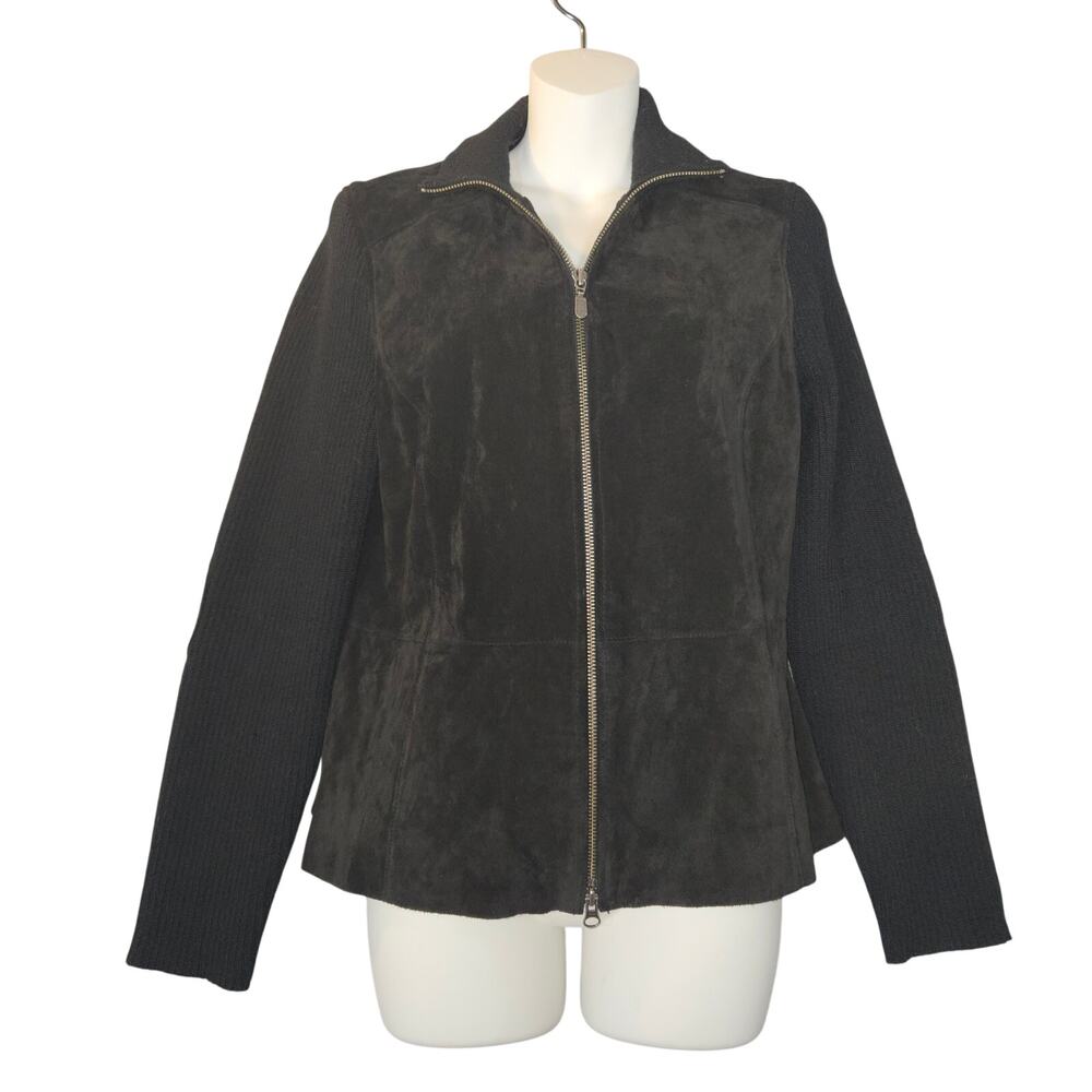 Covington Women Medium Leather Coat‎ Elbow Patches Chocolate Brown Knit Zip Y2K
